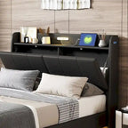 Base de cama flotante tamaño Queen con cabecera de almacenamiento, cama de plataforma tapizada moderna con puertos USB