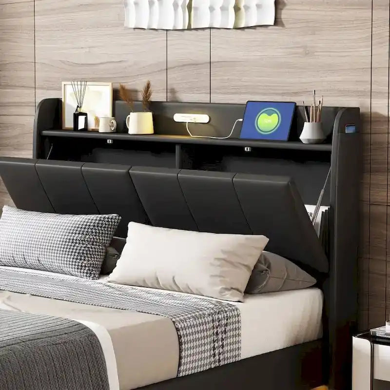 Base de cama flotante tamaño Queen con cabecera de almacenamiento, cama de plataforma tapizada moderna con puertos USB