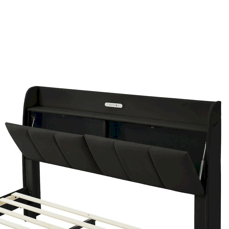 Base de cama flotante tamaño Queen con cabecera de almacenamiento, cama de plataforma tapizada moderna con puertos USB