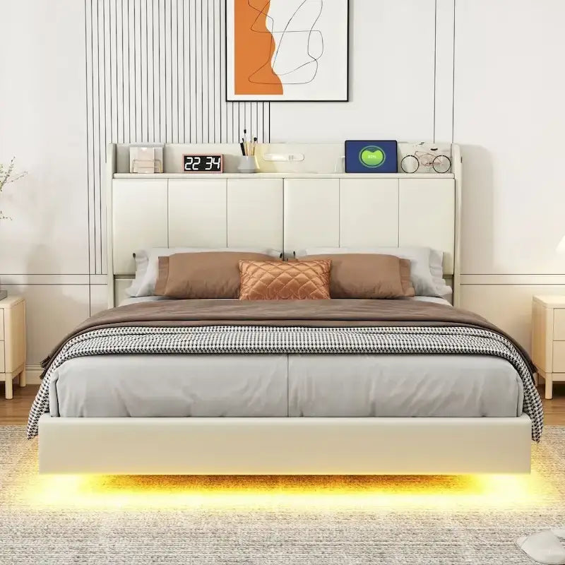 Base de cama flotante tamaño Queen con cabecera de almacenamiento, cama de plataforma tapizada moderna con puertos USB