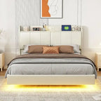 Base de cama flotante tamaño Queen con cabecera de almacenamiento, cama de plataforma tapizada moderna con puertos USB