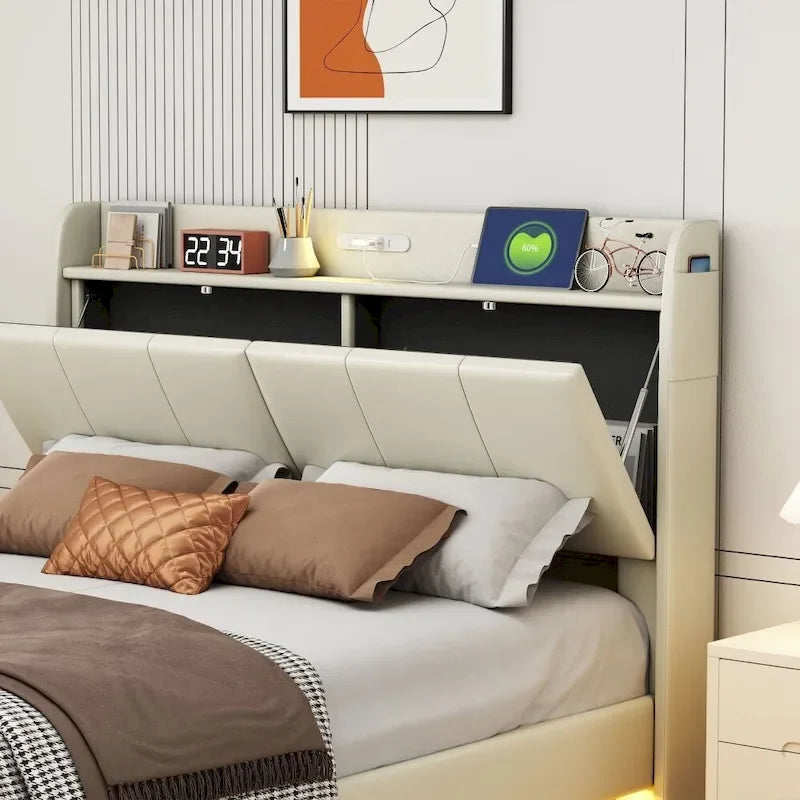 Base de cama flotante tamaño Queen con cabecera de almacenamiento, cama de plataforma tapizada moderna con puertos USB