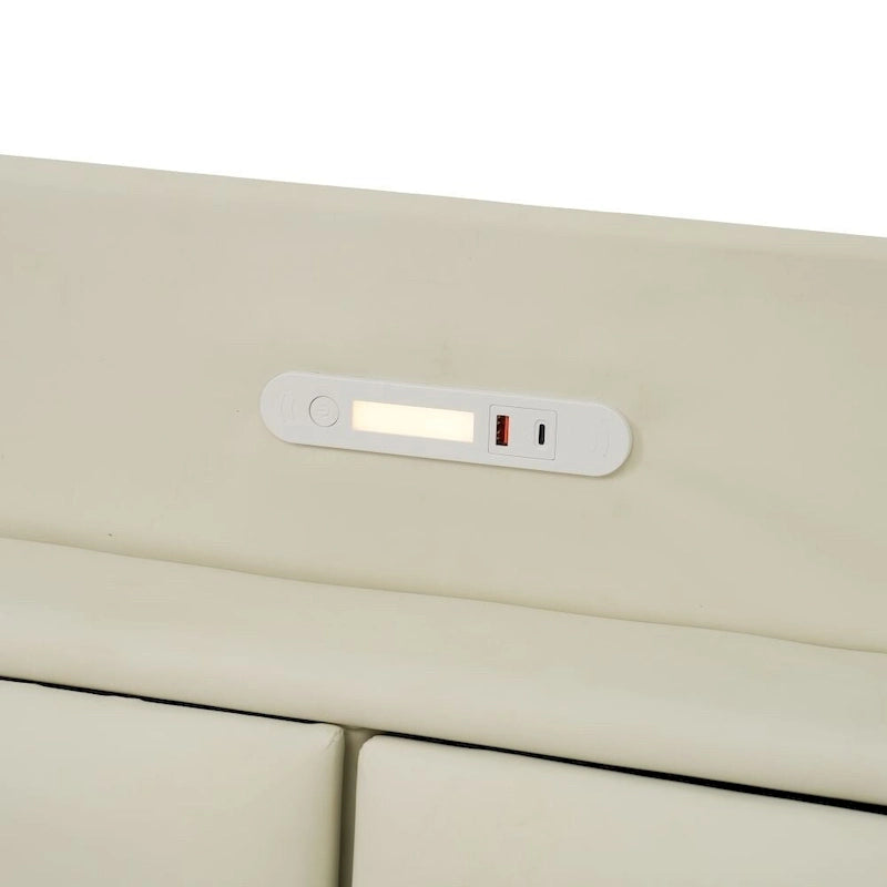 Base de cama flotante tamaño Queen con cabecera de almacenamiento, cama de plataforma tapizada moderna con puertos USB