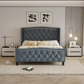Estructura de cama Queen, cama de plataforma tapizada con cabecero alado, estructura de cama de terciopelo, soporte de listones de madera, no necesita somier