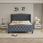 Estructura de cama Queen, cama de plataforma tapizada con cabecero alado, estructura de cama de terciopelo, soporte de listones de madera, no necesita somier