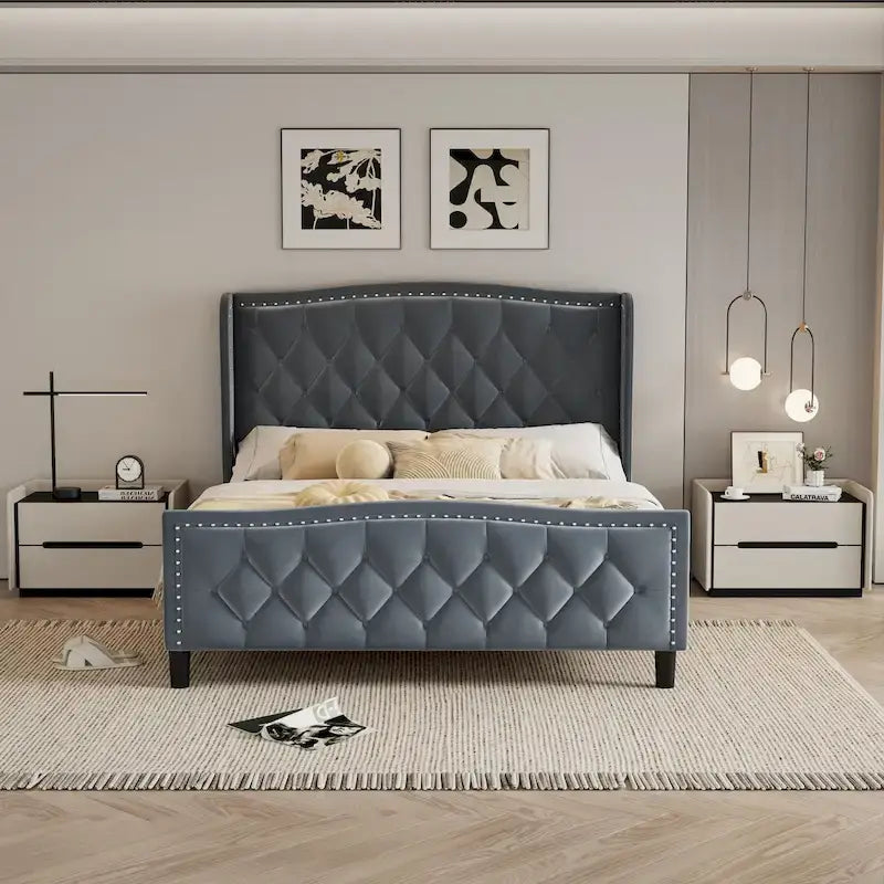 Estructura de cama Queen, cama de plataforma tapizada con cabecero alado, estructura de cama de terciopelo, soporte de listones de madera, no necesita somier