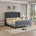 Estructura de cama Queen, cama de plataforma tapizada con cabecero alado, estructura de cama de terciopelo, soporte de listones de madera, no necesita somier