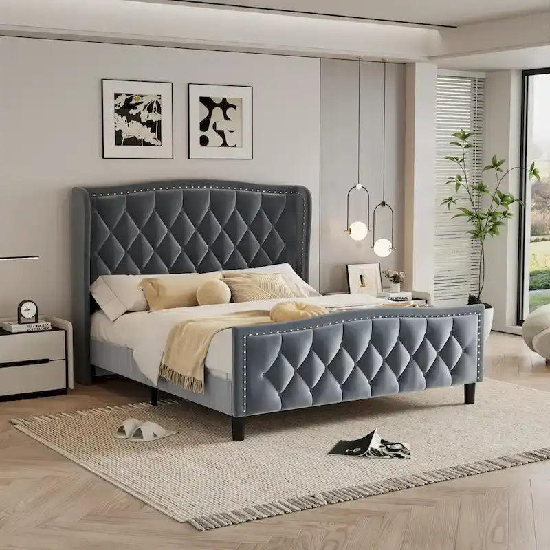 Estructura de cama Queen, cama de plataforma tapizada con cabecero alado, estructura de cama de terciopelo, soporte de listones de madera, no necesita somier