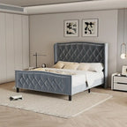 Estructura de cama Queen, cama de plataforma tapizada con cabecero alado, estructura de cama de terciopelo, soporte de listones de madera, no necesita somier