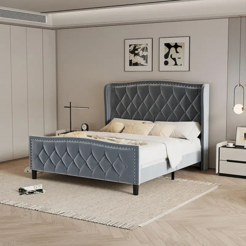 Estructura de cama Queen, cama de plataforma tapizada con cabecero alado, estructura de cama de terciopelo, soporte de listones de madera, no necesita somier