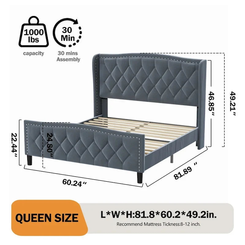 Estructura de cama Queen, cama de plataforma tapizada con cabecero alado, estructura de cama de terciopelo, soporte de listones de madera, no necesita somier