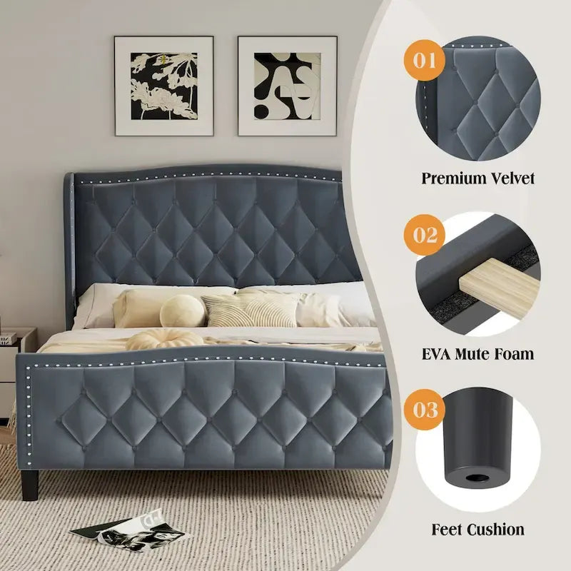 Estructura de cama Queen, cama de plataforma tapizada con cabecero alado, estructura de cama de terciopelo, soporte de listones de madera, no necesita somier