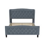Estructura de cama Queen, cama de plataforma tapizada con cabecero alado, estructura de cama de terciopelo, soporte de listones de madera, no necesita somier