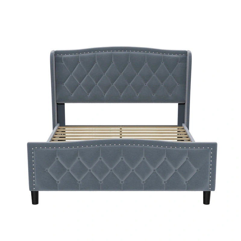 Estructura de cama Queen, cama de plataforma tapizada con cabecero alado, estructura de cama de terciopelo, soporte de listones de madera, no necesita somier