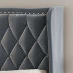 Estructura de cama Queen, cama de plataforma tapizada con cabecero alado, estructura de cama de terciopelo, soporte de listones de madera, no necesita somier