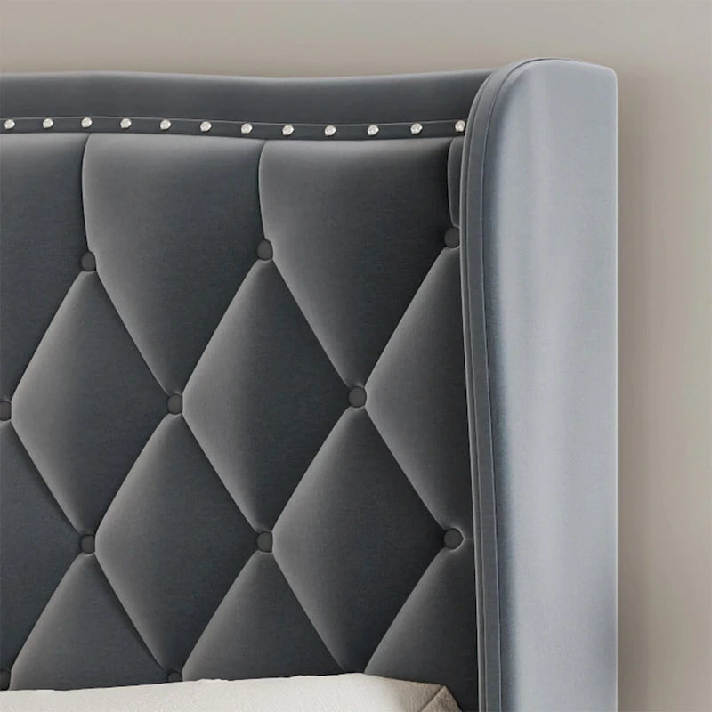 Estructura de cama Queen, cama de plataforma tapizada con cabecero alado, estructura de cama de terciopelo, soporte de listones de madera, no necesita somier