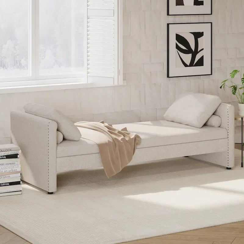 Sofá cama moderno tapizado con almohadas, cama individual pequeña, no necesita colchón, tela de lino