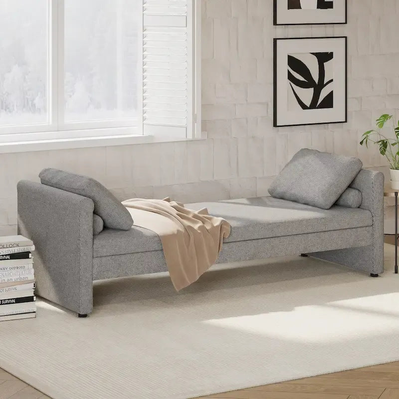 Sofá cama moderno tapizado con almohadas, cama individual pequeña, no necesita colchón, tela de lino