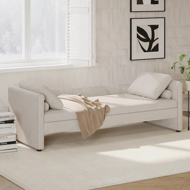 Sofá cama moderno tapizado con almohadas, cama individual pequeña, no necesita colchón, tela de lino